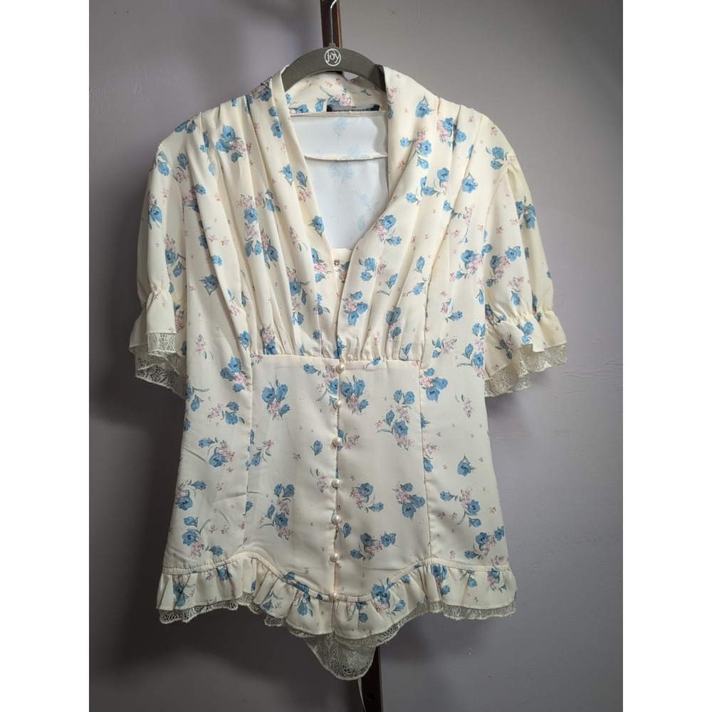 Scarlet Darkness Women Victorian Short Sleeve Shirt Floral Lace Up Blouse size M